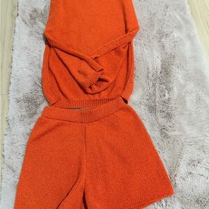 Cozy Orange Knit Sweater & Shorts Set
